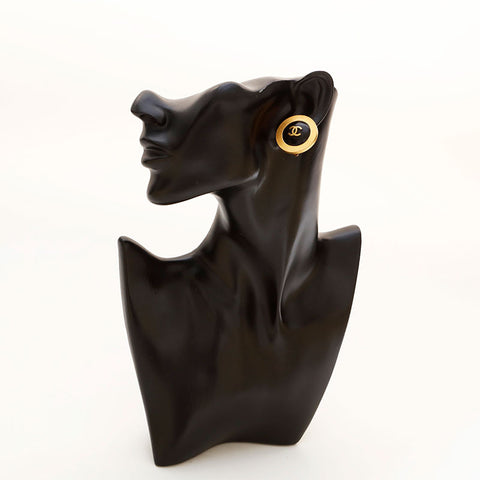 CHANEL 94A COCO Mark Round Earring Black Gold WS20435
