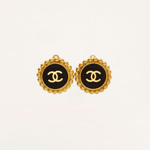 CHANEL 95P COCO Mark Round Earring Black Gold WS20436