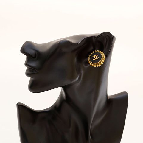CHANEL 94P COCO Mark Round Earring Black Gold WS20437