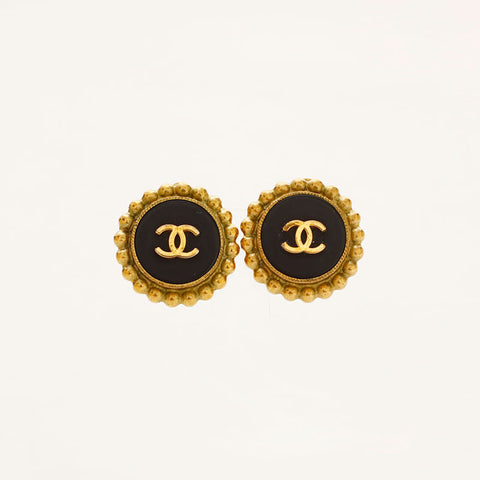 CHANEL 94P COCO Mark Round Earring Black Gold WS20437