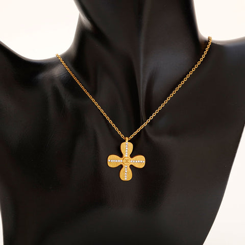 CHANEL COCO Mark Rhinestone Clover Necklace gold WS20459