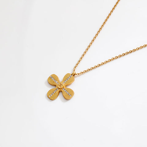 CHANEL COCO Mark Rhinestone Clover Necklace gold WS20459