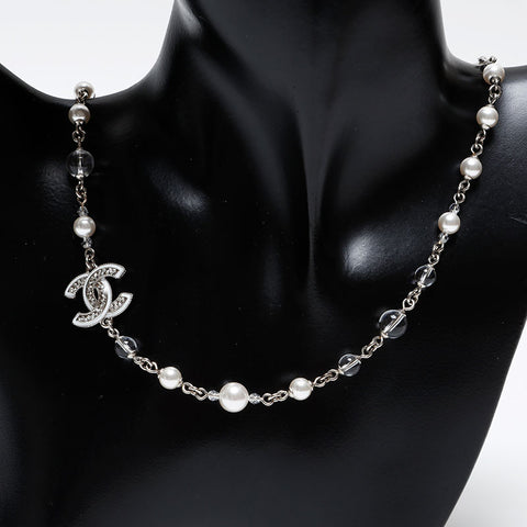 CHANEL COCO Mark Pearl Rhinestone Necklace Silver WS20462