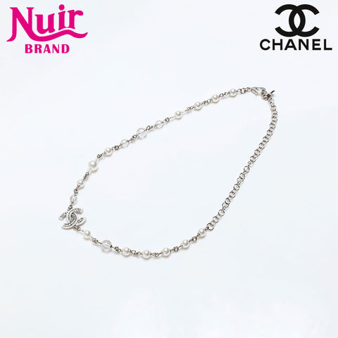 CHANEL COCO Mark Pearl Rhinestone Necklace Silver WS20462