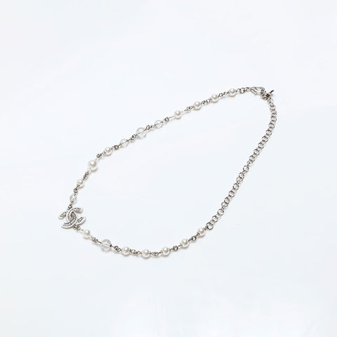 CHANEL COCO Mark Pearl Rhinestone Necklace Silver WS20462