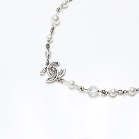 CHANEL COCO Mark Pearl Rhinestone Necklace Silver WS20462