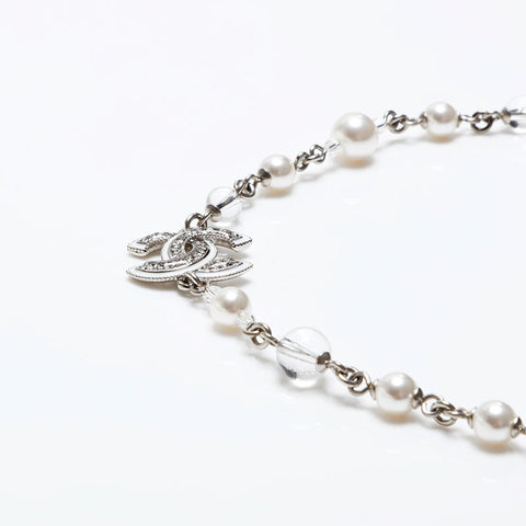 CHANEL COCO Mark Pearl Rhinestone Necklace Silver WS20462