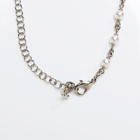 CHANEL COCO Mark Pearl Rhinestone Necklace Silver WS20462