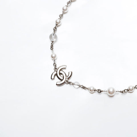 CHANEL COCO Mark Pearl Rhinestone Necklace Silver WS20462
