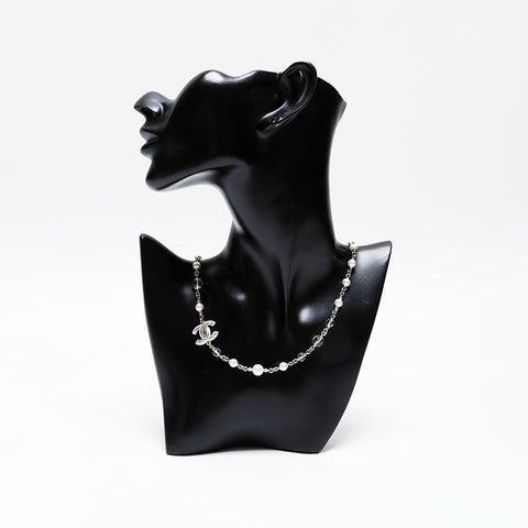 CHANEL COCO Mark Pearl Rhinestone Necklace Silver WS20462