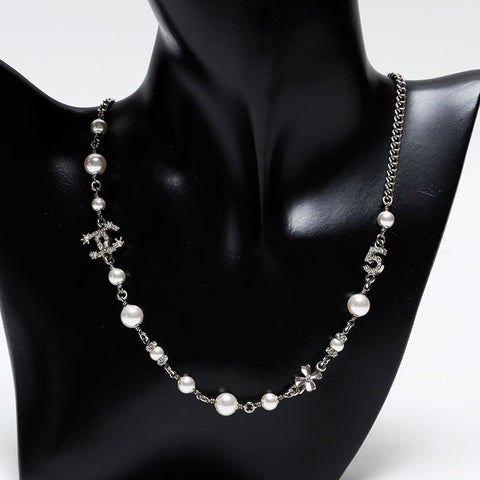 CHANEL COCO Mark Pearl Rhinestone Necklace Silver WS20463