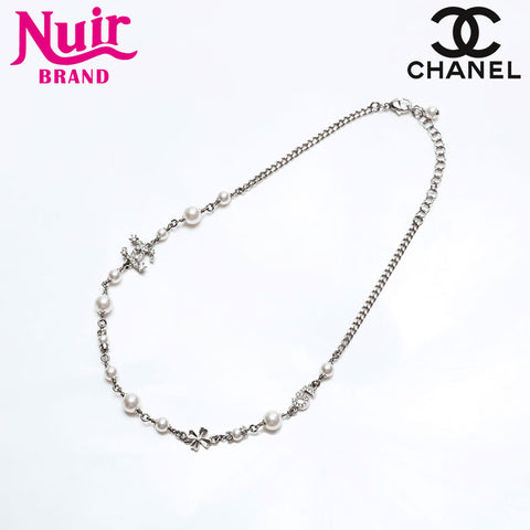 CHANEL COCO Mark Pearl Rhinestone Necklace Silver WS20463