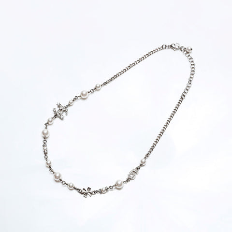 CHANEL COCO Mark Pearl Rhinestone Necklace Silver WS20463