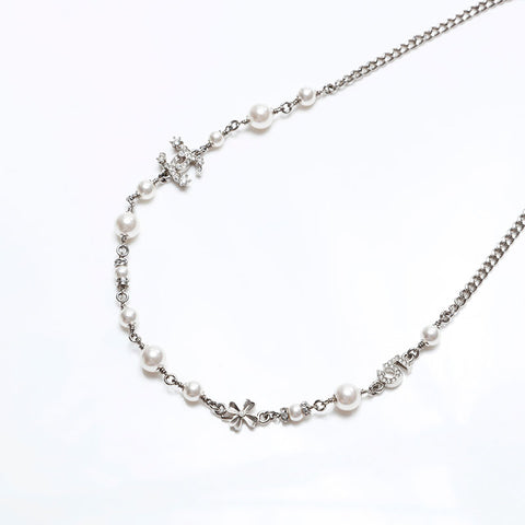 CHANEL COCO Mark Pearl Rhinestone Necklace Silver WS20463