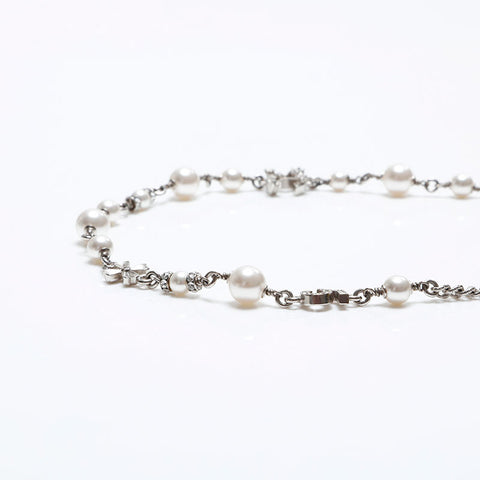 CHANEL COCO Mark Pearl Rhinestone Necklace Silver WS20463