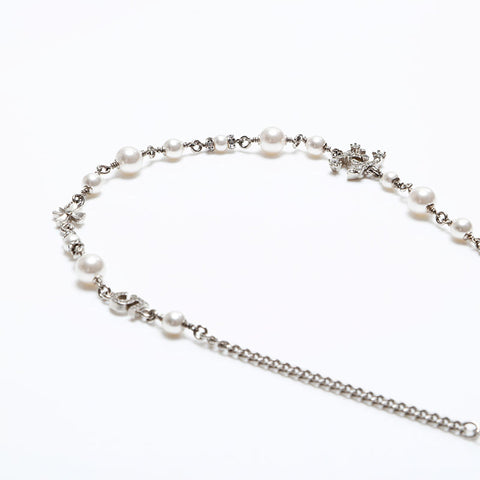 CHANEL COCO Mark Pearl Rhinestone Necklace Silver WS20463