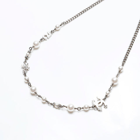 CHANEL COCO Mark Pearl Rhinestone Necklace Silver WS20463