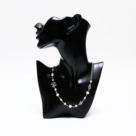 CHANEL COCO Mark Pearl Rhinestone Necklace Silver WS20463