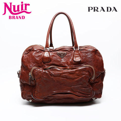 PRADA Washed leather Boston bag Brown WS20467