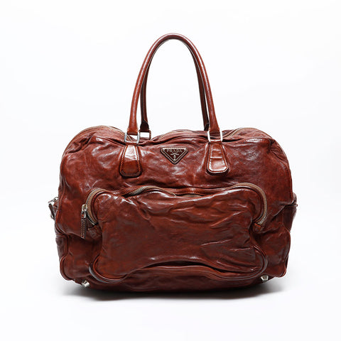 PRADA Washed leather Boston bag Brown WS20467