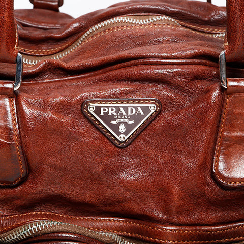 PRADA Washed leather Boston bag Brown WS20467