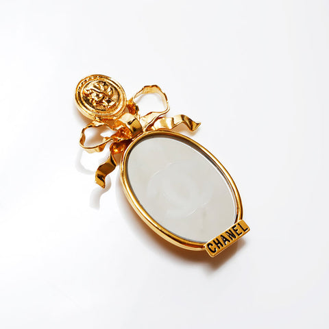 CHANEL COCO Mark Mirror Ribbon Brooch gold WS20493