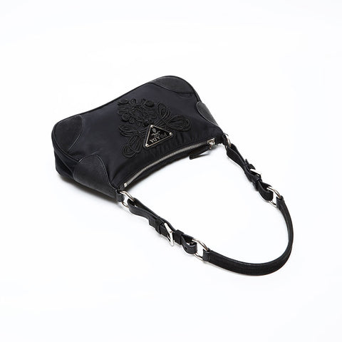 PRADA embroidery Shoulder Bag black WS20509