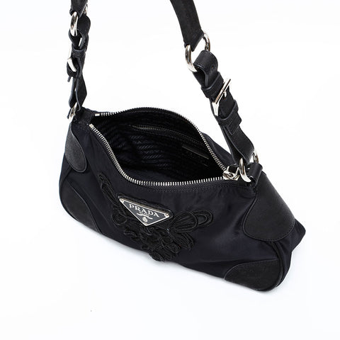 PRADA embroidery Shoulder Bag black WS20509