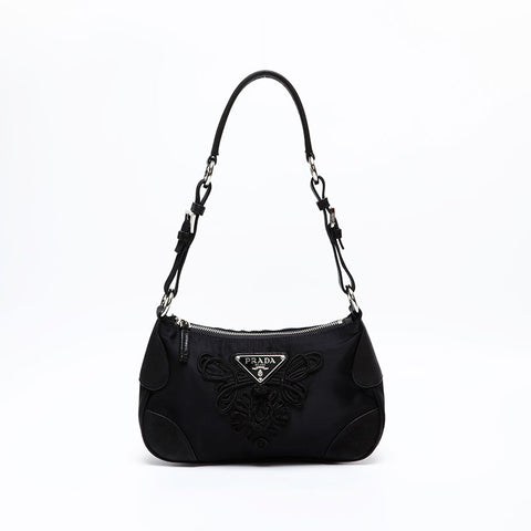 PRADA embroidery Shoulder Bag black WS20509