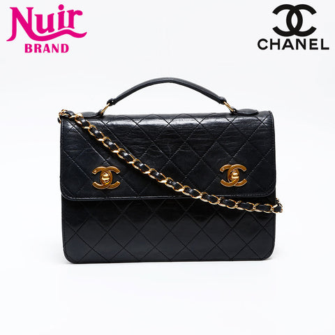 CHANEL 1st Series 1989-1991 Double Turn Lock Chain Flap Ram Shoulder Bag black WS20537