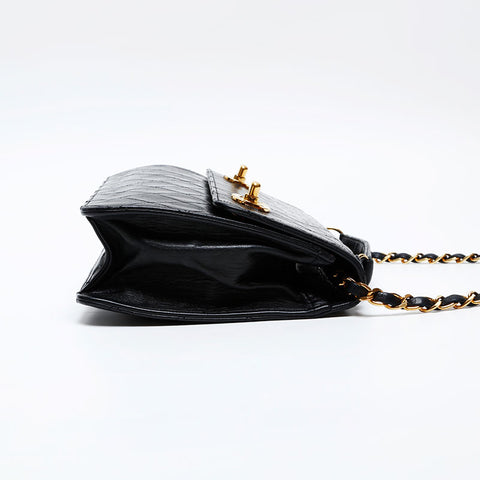 CHANEL 1st Series 1989-1991 Double Turn Lock Chain Flap Ram Shoulder Bag black WS20537