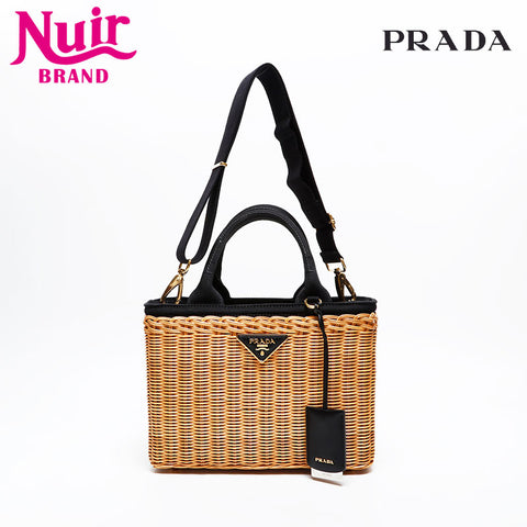 PRADA Wicker Rattan Basket Bag Handbag beige WS20566