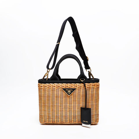 PRADA Wicker Rattan Basket Bag Handbag beige WS20566