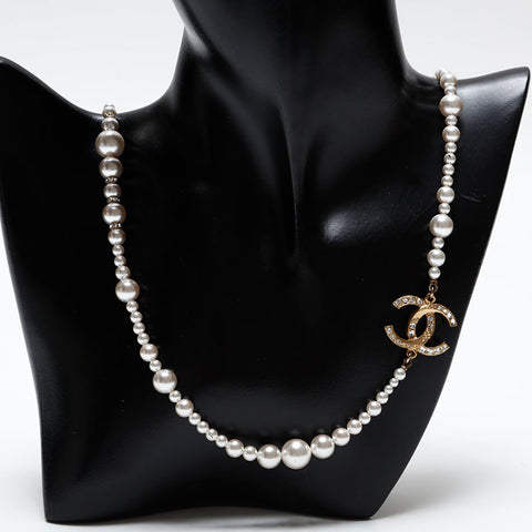 CHANEL COCO Mark Pearl Rhinestone A18P Necklace white WS20592