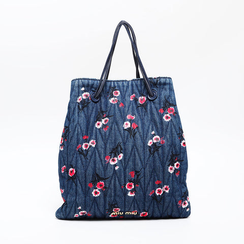 Miu Miu Denim matelassé flower print Shoulder Bag Navy WS20632
