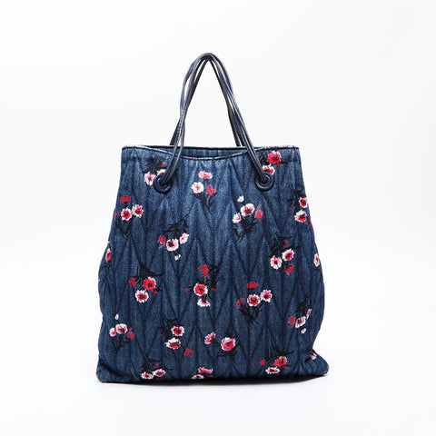 Miu Miu Denim matelassé flower print Shoulder Bag Navy WS20632