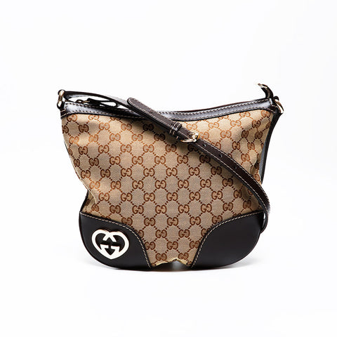 GUCCI GG Canvas Interlocking Hearts Shoulder Bag Brown WS20685
