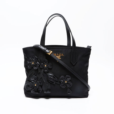 PRADA Nylon Flower Motif 2way Handbag black WS20696