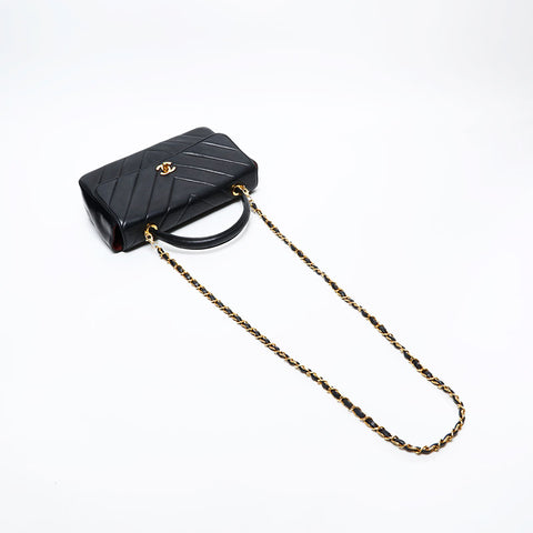 シャネル CHANEL 2番台 1991-1994 トップハンドル ラムスキン シェブロン チェーン ショルダーバッグ ブラック WS20713