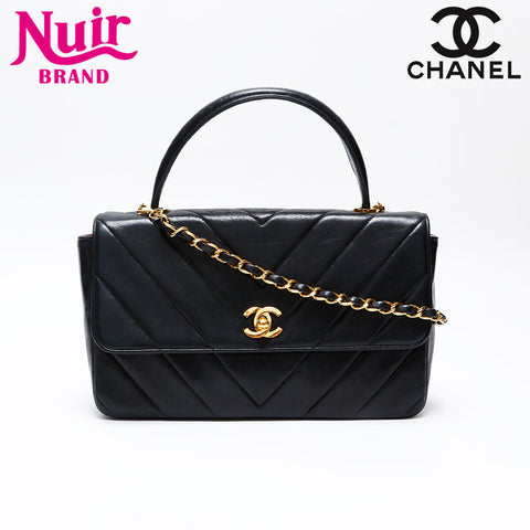 CHANEL No. 2 1991-1994 Top Handle Lambskin Chevron Chain Shoulder Bag black WS20713