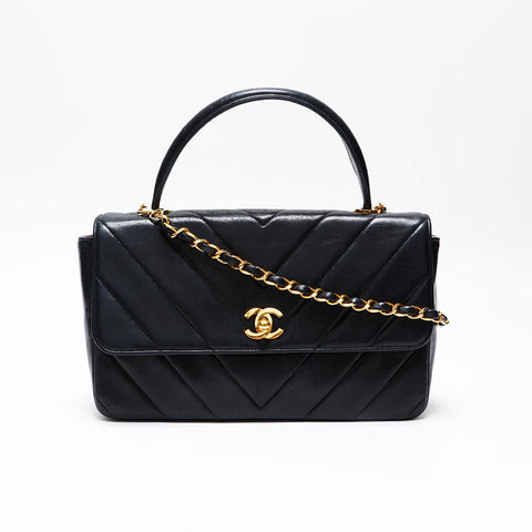 シャネル CHANEL 2番台 1991-1994 トップハンドル ラムスキン シェブロン チェーン ショルダーバッグ ブラック WS20713