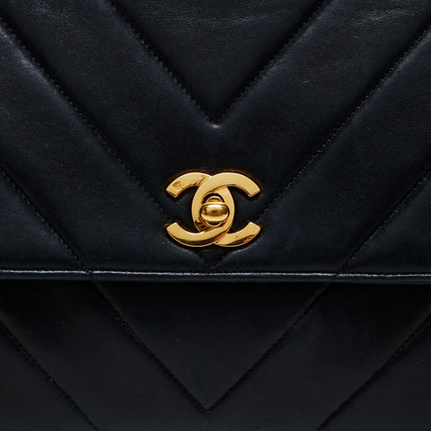 シャネル CHANEL 2番台 1991-1994 トップハンドル ラムスキン シェブロン チェーン ショルダーバッグ ブラック WS20713