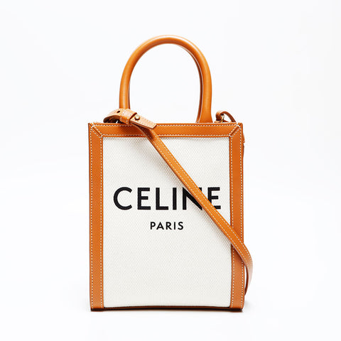 CELINE Mini Vertical Cabas 2way Tote Canvas Handbag Ivory WS20716