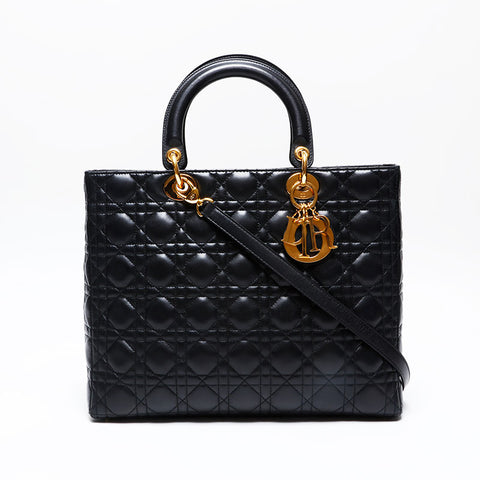 Christian Dior Large Lady Dior 2way Cannage Handbag black WS20722