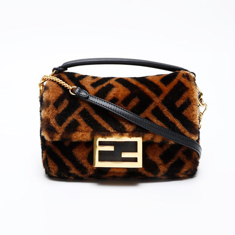FENDI Fur Zucca Mamma Bucket Shoulder Bag Brown WS20731