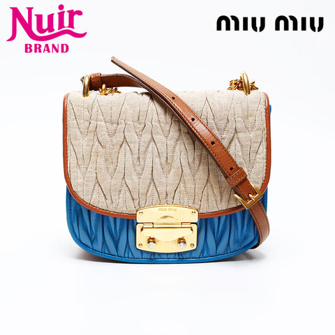 Miu Miu Matelasse Canvas Shoulder Bag Beige blue WS20745