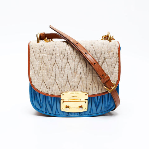 Miu Miu Matelasse Canvas Shoulder Bag Beige blue WS20745