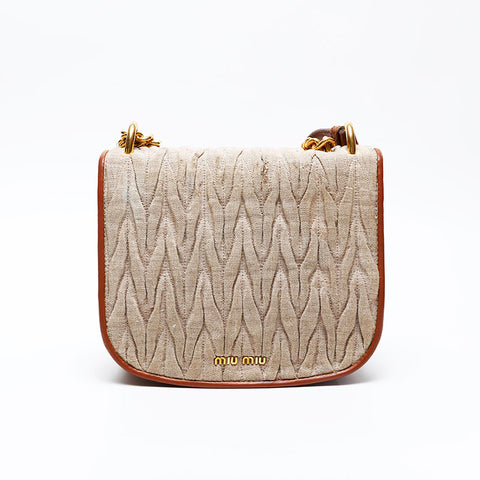 Miu Miu Matelasse Canvas Shoulder Bag Beige blue WS20745