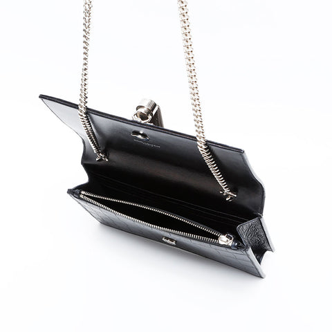 YVES SAINT LAURENT Kate Fringe Chain Embossed Leather Shoulder Bag black WS20809