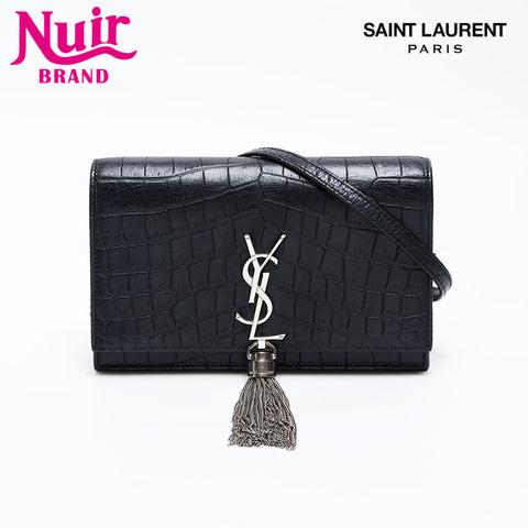 YVES SAINT LAURENT Kate Fringe Chain Embossed Leather Shoulder Bag black WS20809